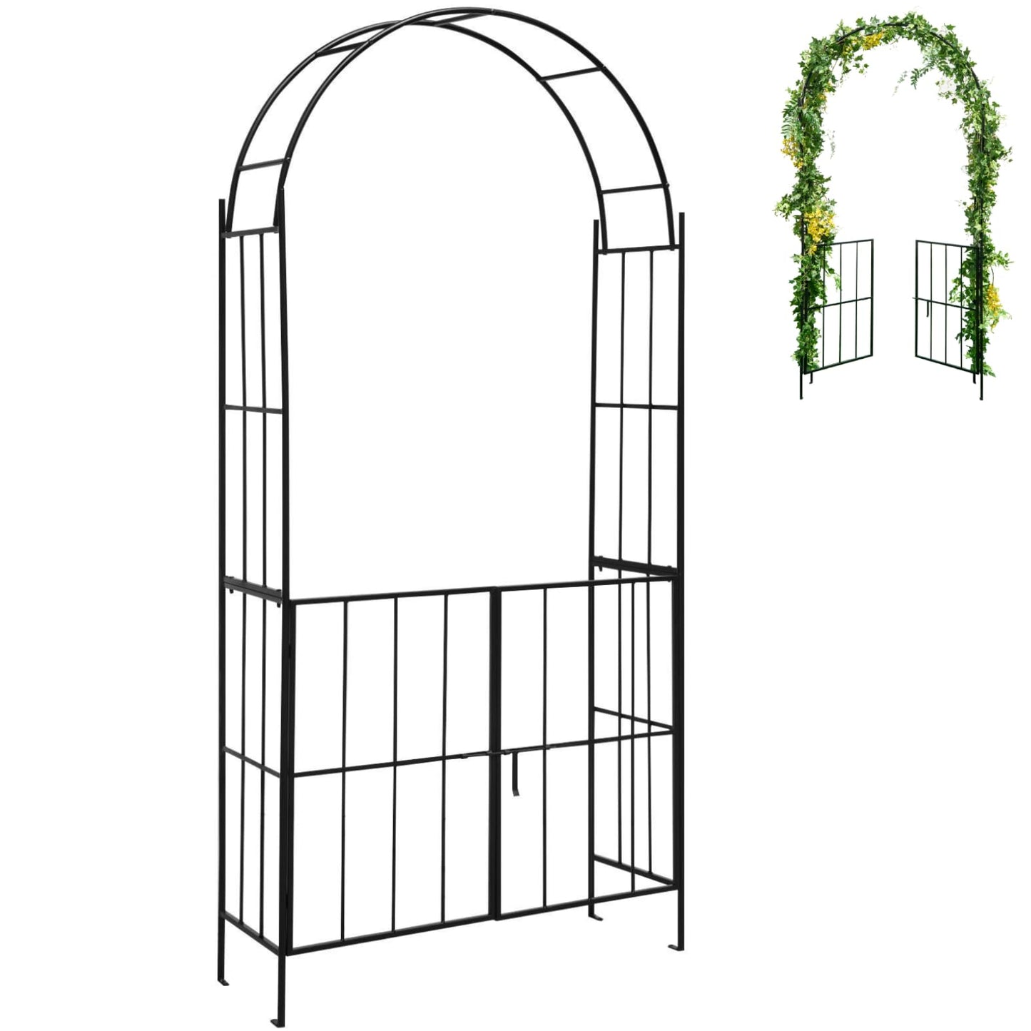 GiantexUK Metal Garden Arch with Gate, Heavy Duty Trellis Pergola Arbour with 4 Ground Stakes, 110 x 35 x 230cm