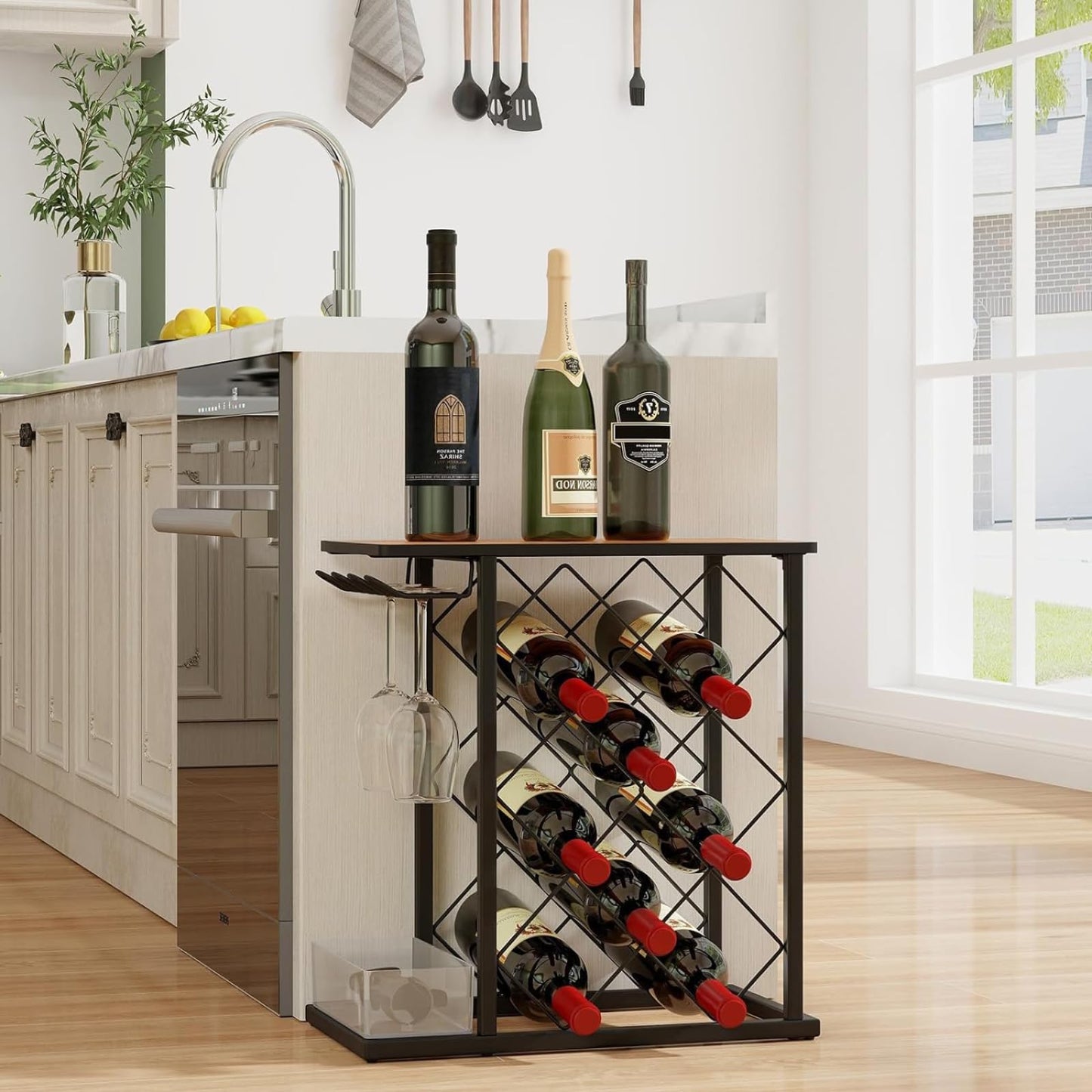 GiantexUK Freestanding 8 Bottle Wine Rack, Countertop Wine Storage Shelf with Glass Holders