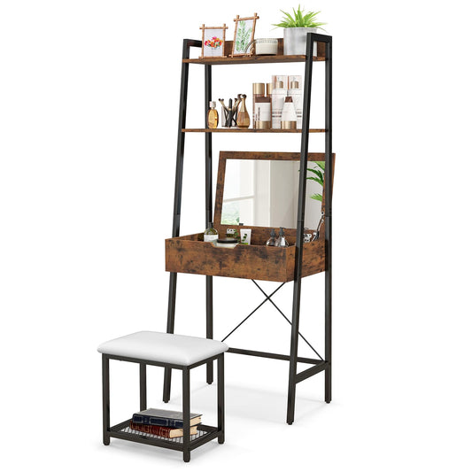 Dressing Table and Stool Set with Flip Top Mirror, Wooden Makeup Vanity Table Set with 2 Ladder Shelves