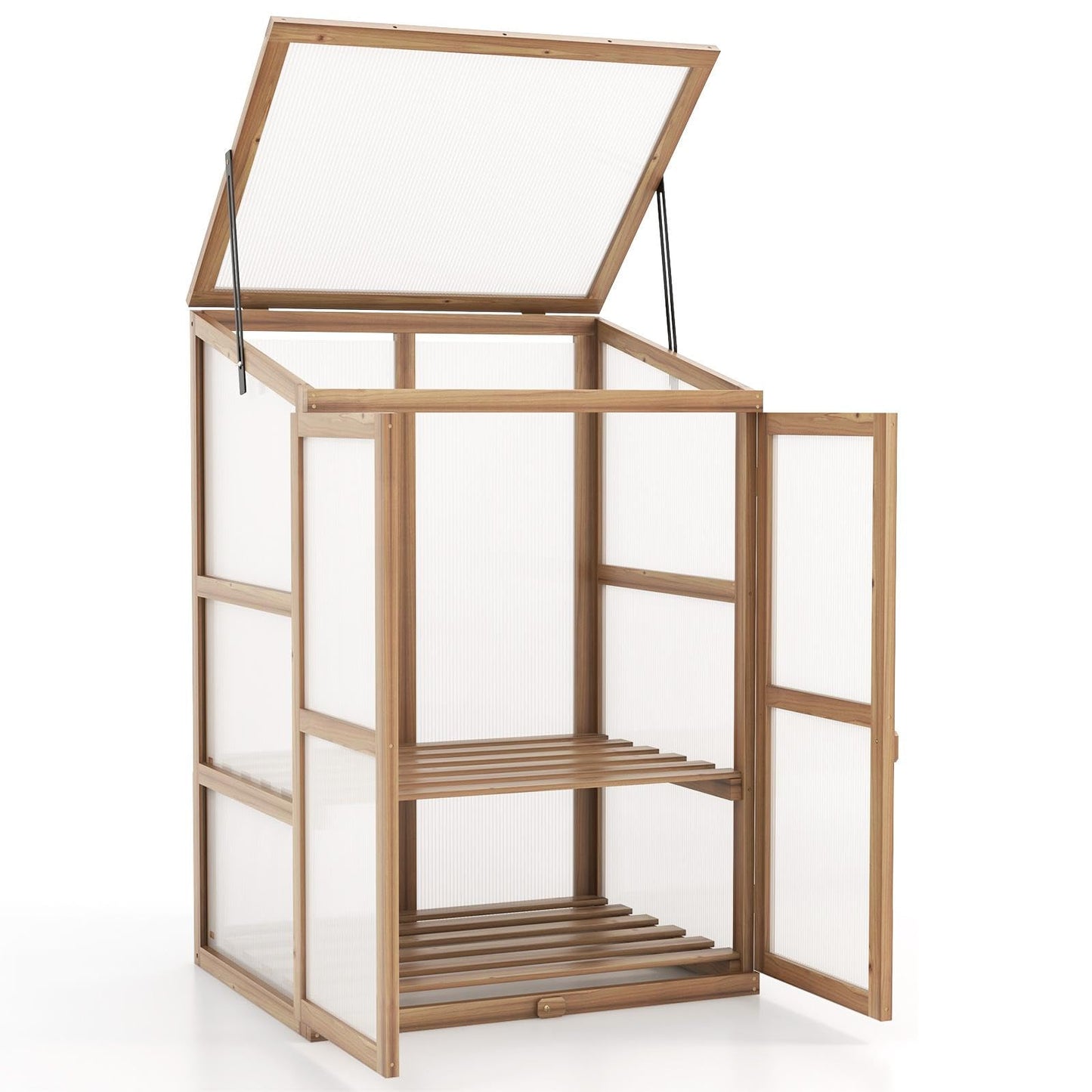 GiantexUK Mini Wooden Greenhouse, Polycarbonate Garden Cold Frame with Adjustable Shelves