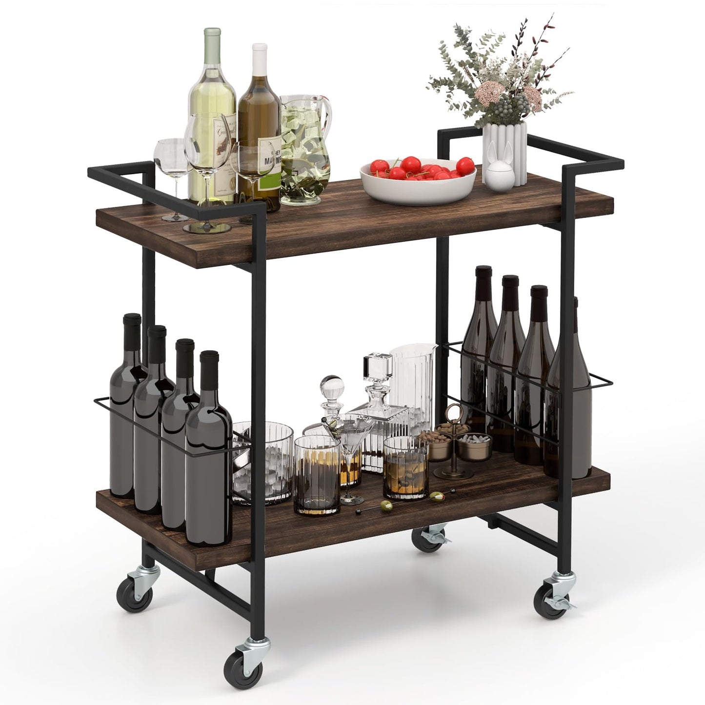 GiantexUK 2-Tier Industrial Serving Trolley, Metal Frame Home Bar Cart with 4 Universal Wheels