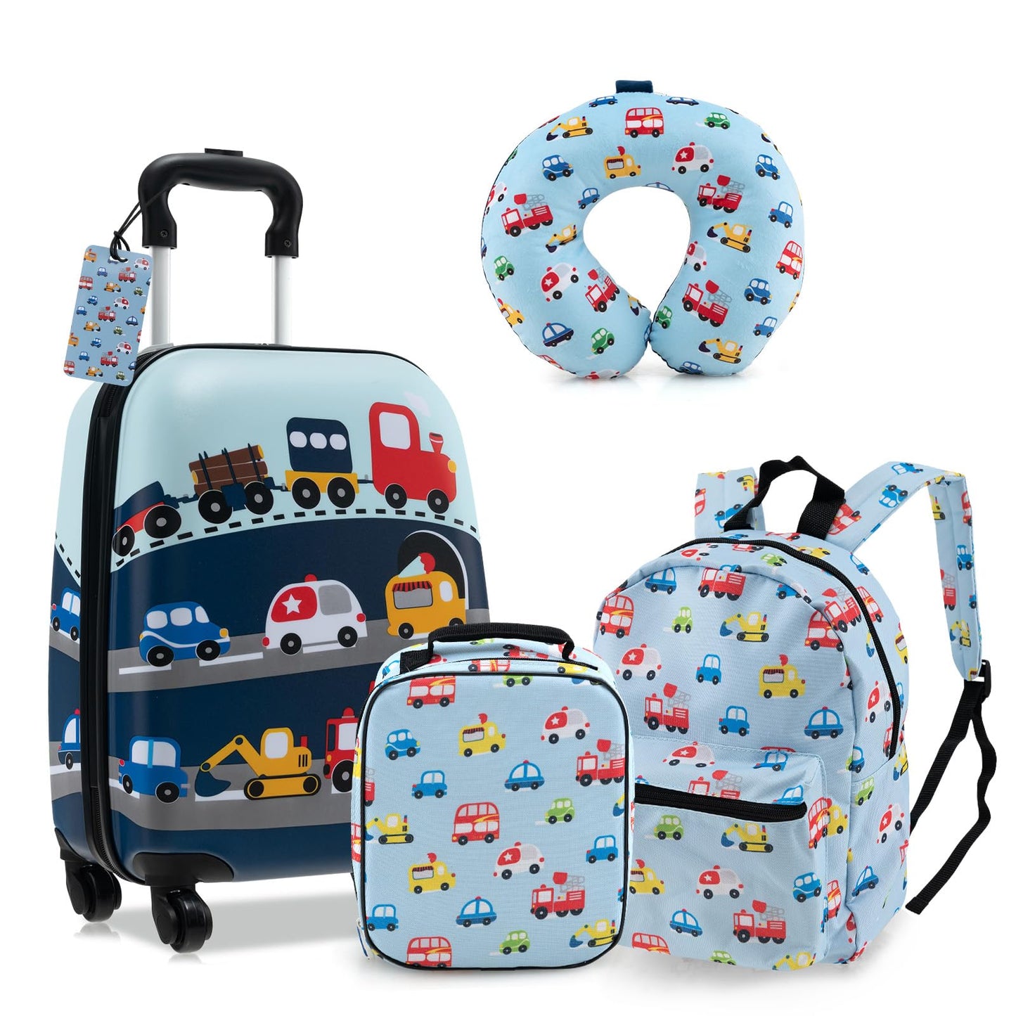 5Pcs Kids Luggage Set, 13" Backpack & 16" Children Hardshell Suitcase with Wheels, Neck Pillow