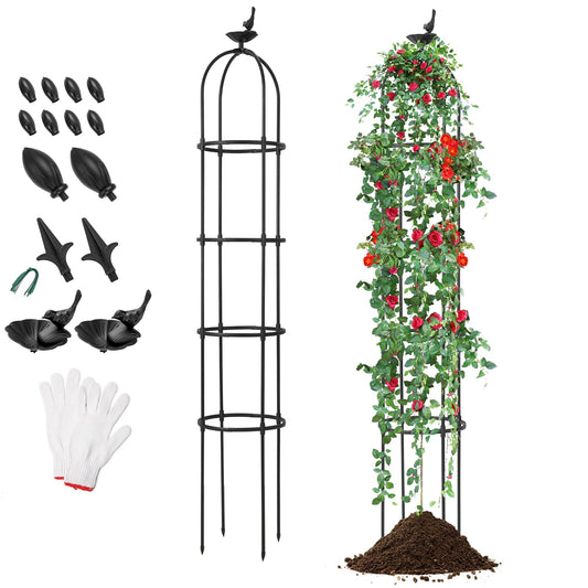 GiantexUK 2 Pack Metal Garden Obelisk, Height Adjustable Climbing Plants Trellis Frame Support with Decorative Heads & Gloves