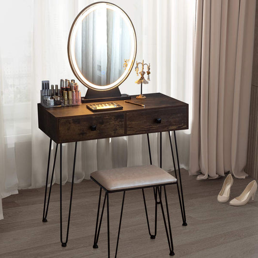 Dressing Table Set, Industrial Cosmetics Dresser with Detachable LED Mirror and Makeup Box (Rustic Brown)