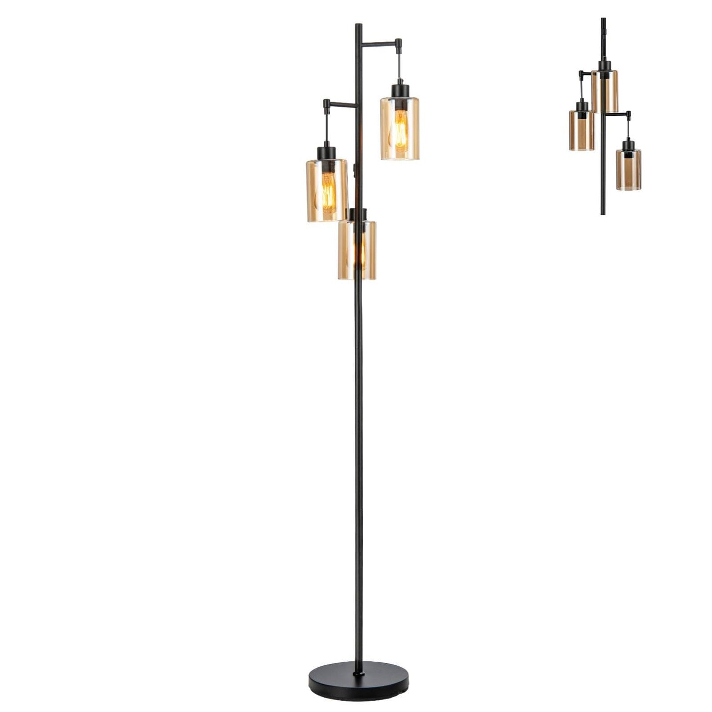 GiantexUK Industrial Floor Lamp, 3-Lights Standing Lamp with Amber Glass Lampshades