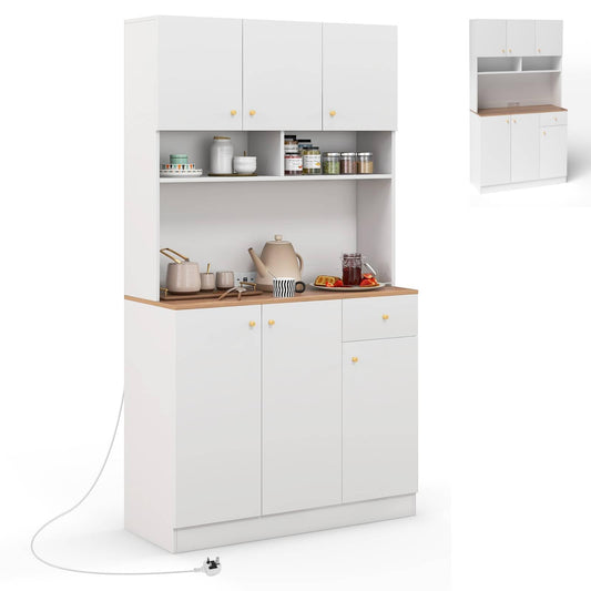 GiantexUK 180CM Kitchen Cupboard, Wooden Storage Cabinet with Outlets, 2 USB Ports, Adjustable Shelves