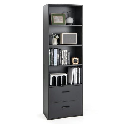 188cm Tall Bookcase, 6-Tier Wooden Bookshelf Storage Cabinet with 4 Open Shelves and 2 Drawers