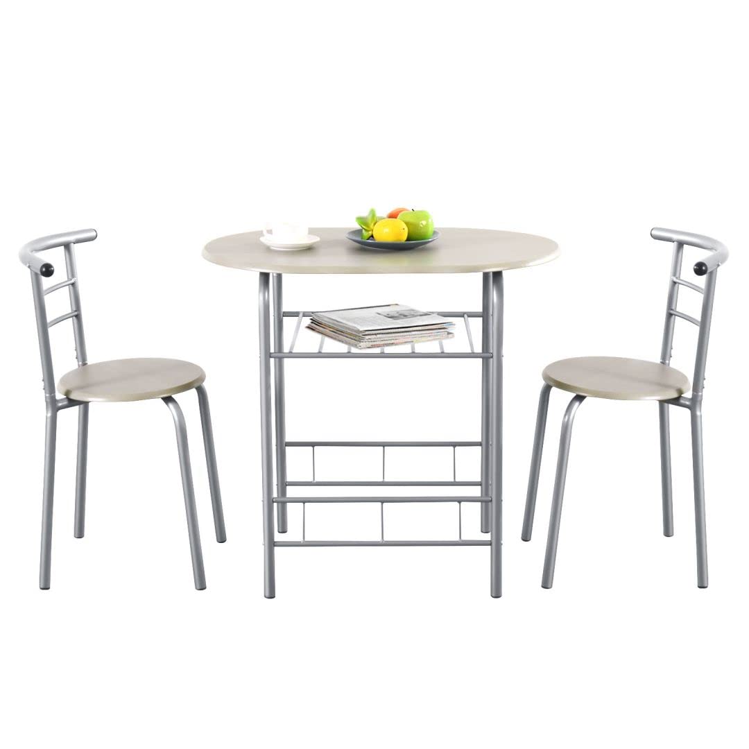 GiantexUK 3-Piece Dining Table Set, Metal Frame Kitchen Table Set with Storage Shelf, 2 Chairs