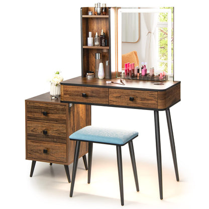 Dressing Table and Stool Set with 3-Color LED Lights Mirror, Drawers, Shelves & Charging Station, Rectangular Mirror