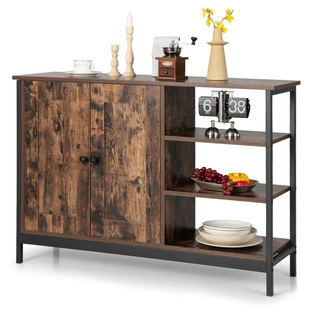 GiantexUK Industrial Kitchen Sideboard, Wooden Buffet Cabinet with 2-Door Cabinet, Adjustable Inside Shelf and 3 Open Shelves