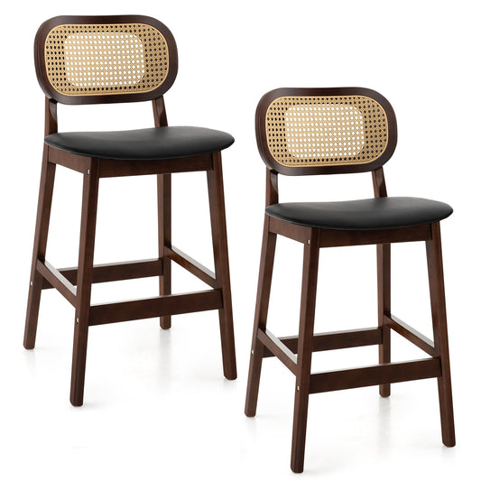 GiantexUK Bar Stools Set of 2, PU Leather Kitchen Barstools with PE Rattan Backrest, Footrests & Non-Slip Foot Pads