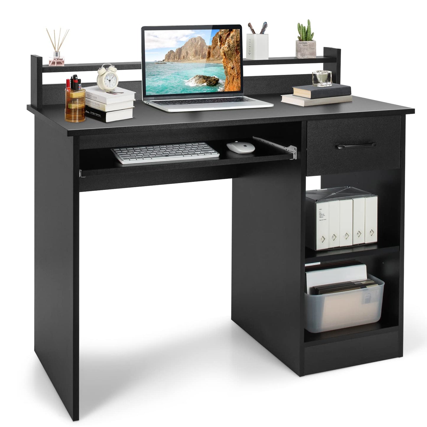 Computer Desk, Wooden PC Laptop Table Writing Workstation with Sliding Keyboard Tray