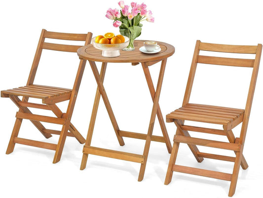 GiantexUK 3PCS Folding Bistro Set, Solid Acacia Wood Table and Chairs with Slatted Tabletop