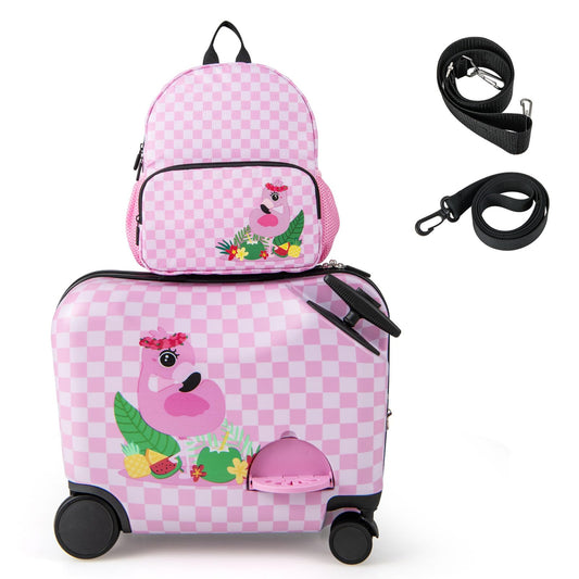 2 PCS Kids Luggage Set, 12” Backpack + 18” Ride-on & Carry-on Suitcase with Footrest