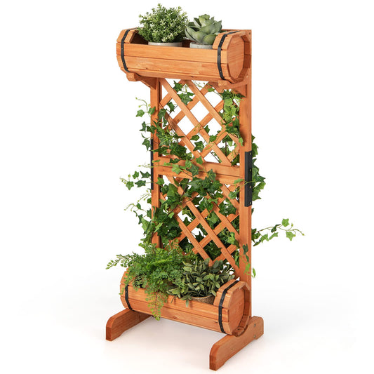 GiantexUK Double Barrel Garden Planter with Trellis, Fir Wood Raised Garden Bed Stand