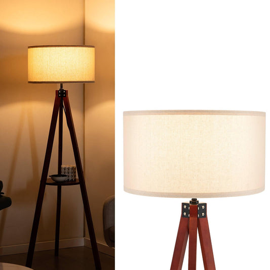 GiantexUK Tripod Floor Lamp with Shelf, Rubber Wood Frame Standing Corner Lamp with Linen Fabric Lampshade