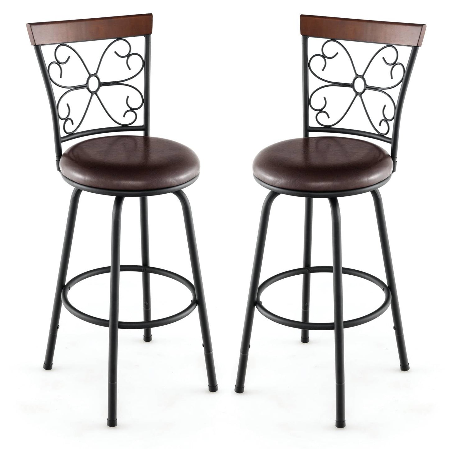 GiantexUK Bar Stools Set of 2/4, PU Leather Height Adjustable Swivel Barstools with Backrest & Footrest, Black+Brown