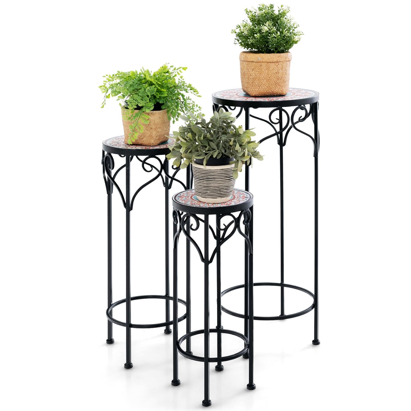 Set of 3 Metal Plant Stand, Round Stackable Flower Pot Holder with Ceramic Top & Anti-slip Foot Pads