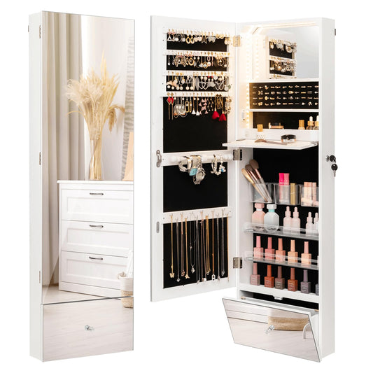 3-in-1 LED Jewellery Cabinet, Wall Mounted Lockable Jewelry Armoire with 3-Color LED Lights