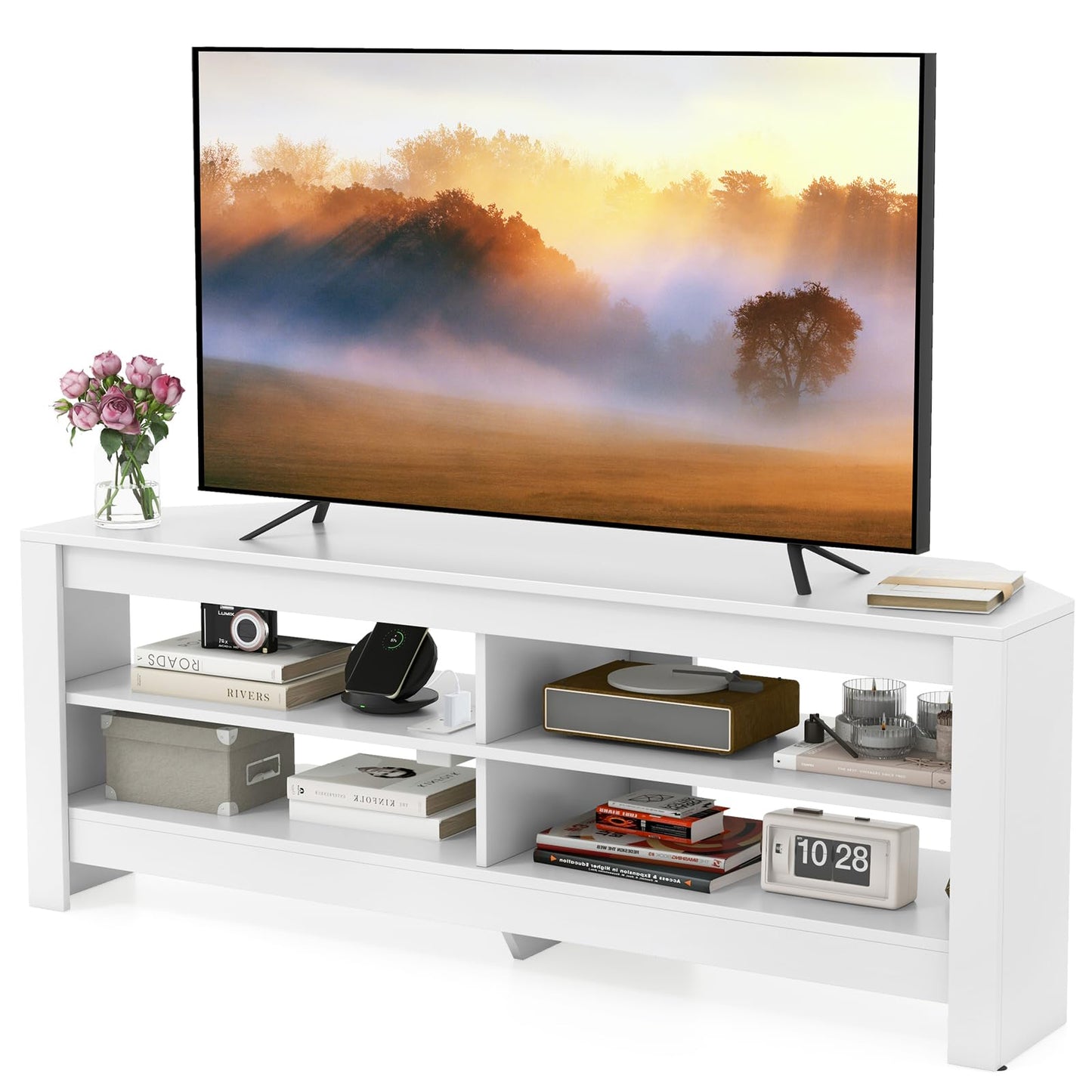 TV Stand with Charging Station for TVs up to 60", Wooden TV Cabinet Media Entertainment Center with Open Storage Shelves