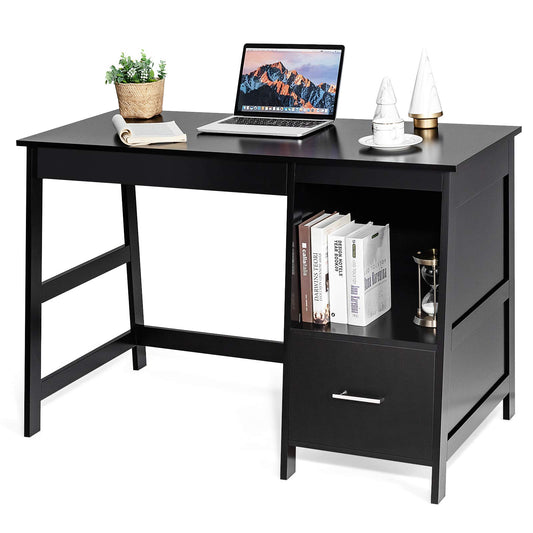 Computer Desk, Wooden PC Laptop Table Writing Workstation with Drawers and Shelf, Home Office Bedroom Work Study Desk