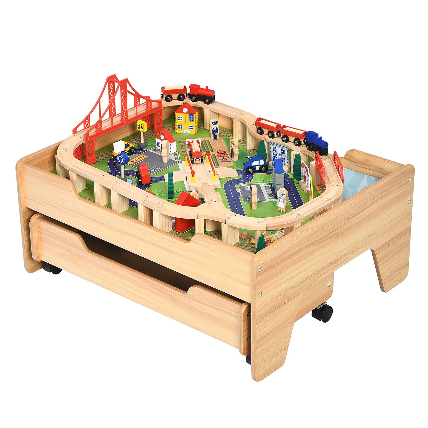 Train Track Set and Table, Wood Kids Play Tables with Drawer on Wheels, 100Pcs Accessories, DIY Railway Activity Playset for Boys Girls