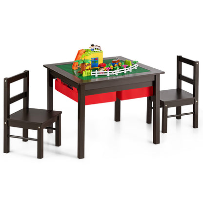 Kids Table and Chairs Set, Children Wooden Activity Table with Double-Sided Building Block Tabletop (Coffee)