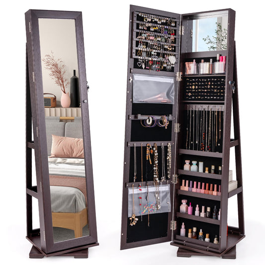 360° Swivel 3-in-1 Jewelry Cabinet, Lockable Jewelry Armoire Storage Unit with Full Length Mirror and Display Shelf