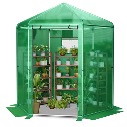 GiantexUK Walk In Greenhouse, 214x183x227cm Galvanised Steel Frame Hexagon Growhouse with Waterproof PE Cover, Roll-up Mesh Window & Door