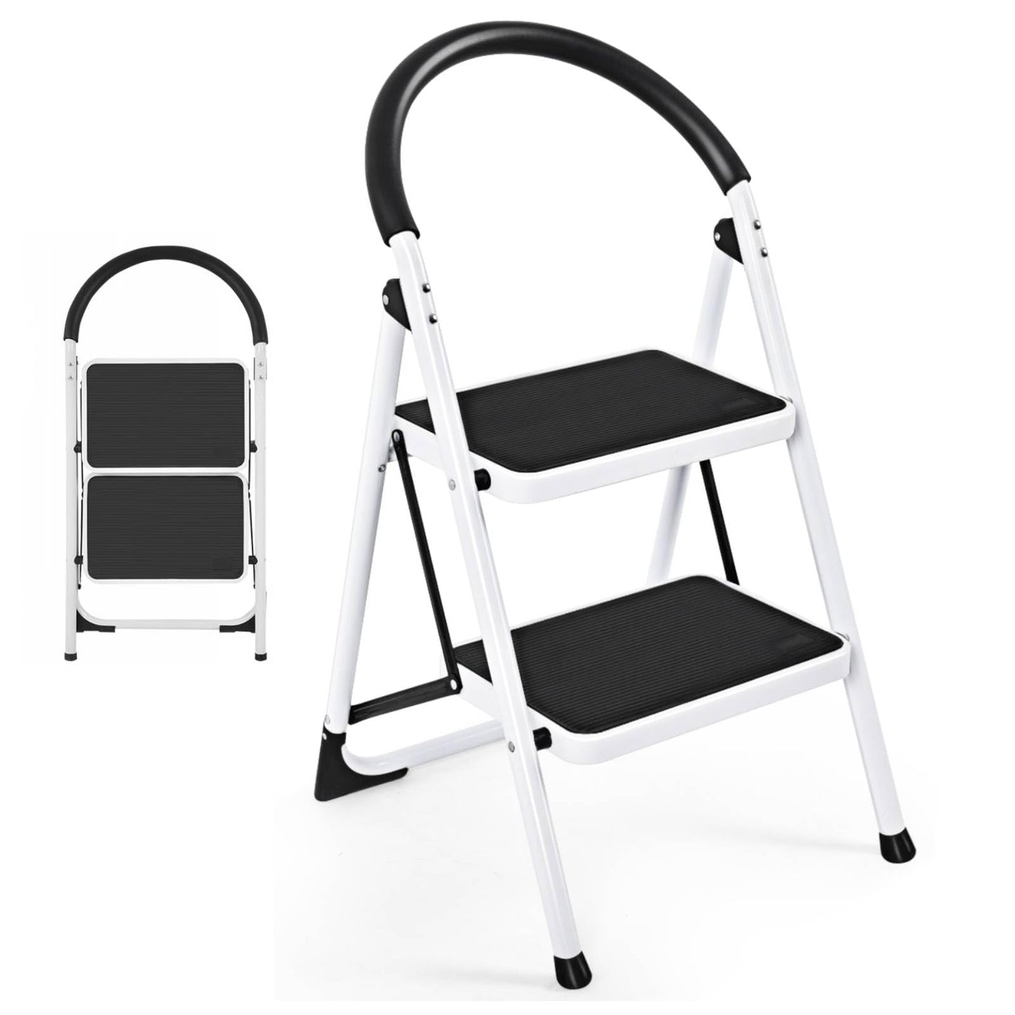 GiantexUK Folding 2 Step Ladder, Steel Stepladder with Anti-Slip Pedal and Reinforced Crossbar