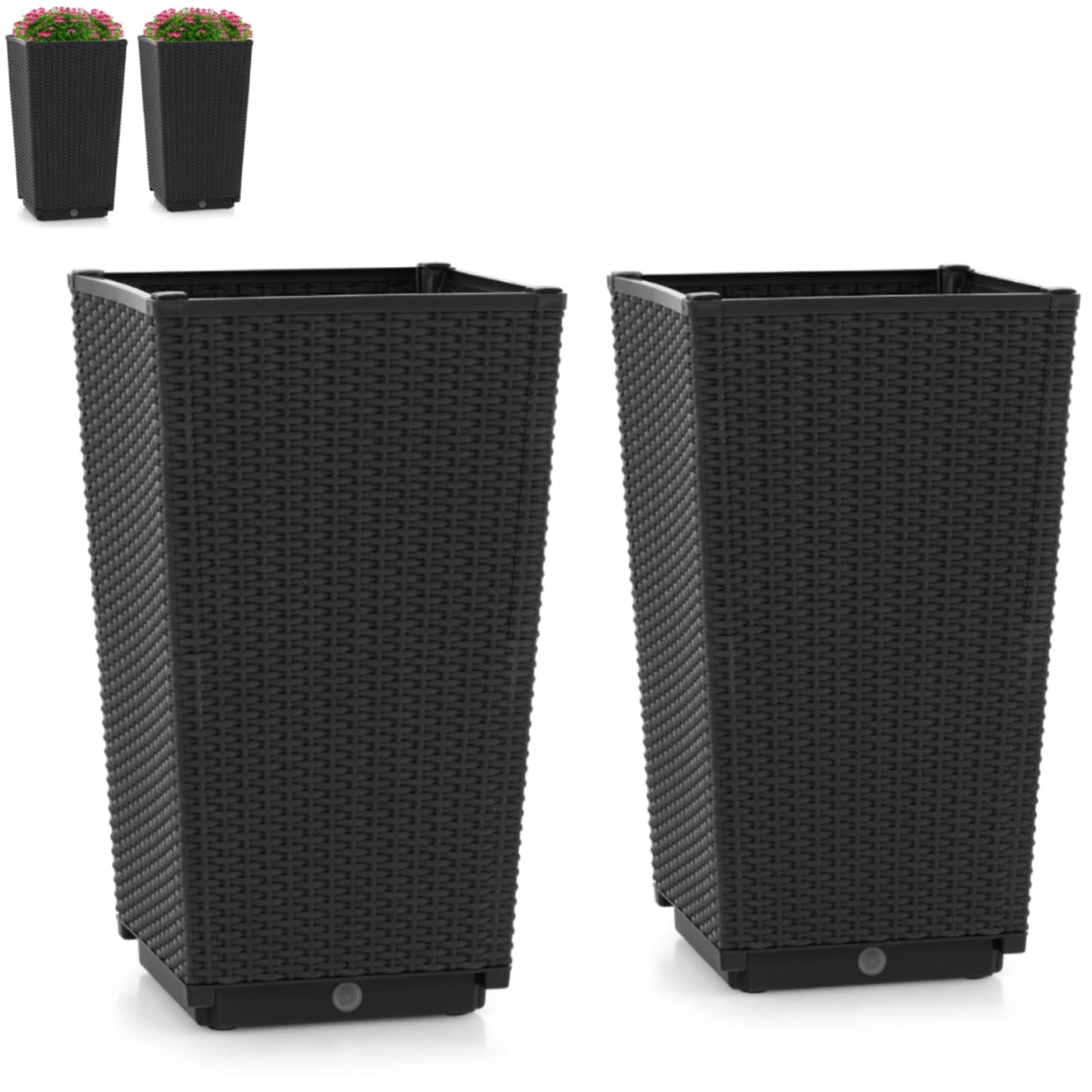 GiantexUK Rattan Planter Pots Set of 2, Square Tall Plastic Flowerpot with Self-Watering Tray & Drain Holes