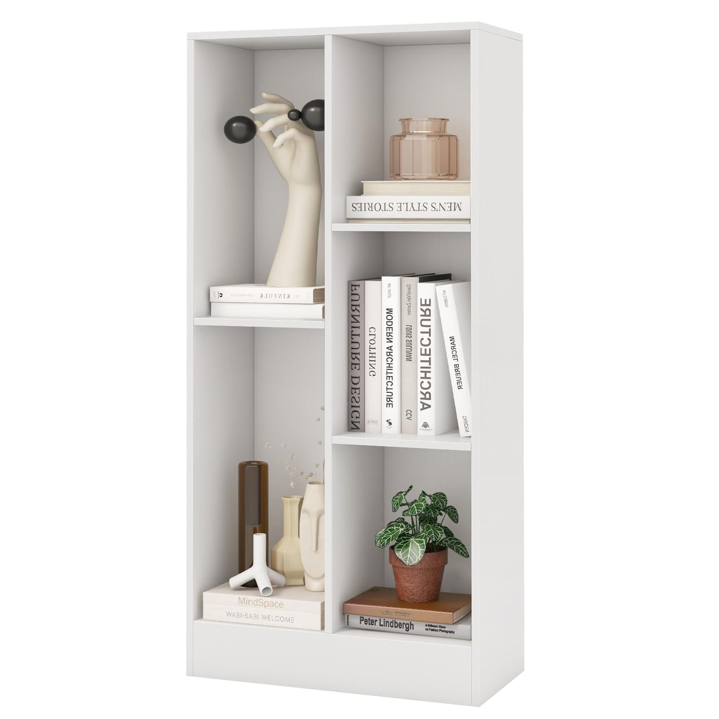 Wooden Cube Bookcase, 3 Tier Open Storage Shelving Unit with 5 Compartments (White, 50 x 24 x 104cm)