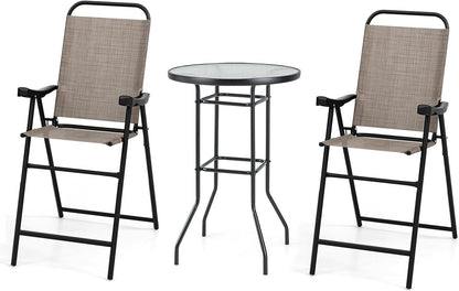 GiantexUK 3 Piece Bistro Set, Garden Dining Furniture Set with Round Bar Table and 2 Folding Chairs