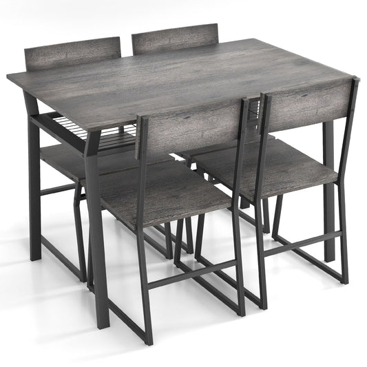 GiantexUK 5 PCS Dining Table Set, Industrial Table and Chairs Set with Storage Shelf and Reclining Seat Back