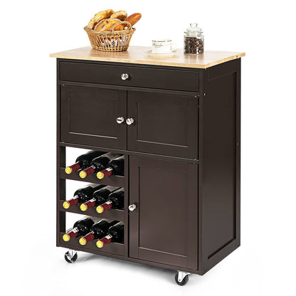 GiantexUK Kitchen Storage Trolley on Wheels, Rolling Serving Island Cart with Drawer and Wine Racks