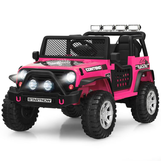 12V Kids Electric Ride on Truck, Battery Powered Off-road Car with Remote Control, LED Lights, Horn, Music, 4 Spring Suspension Wheels Vehicle Toy for Children