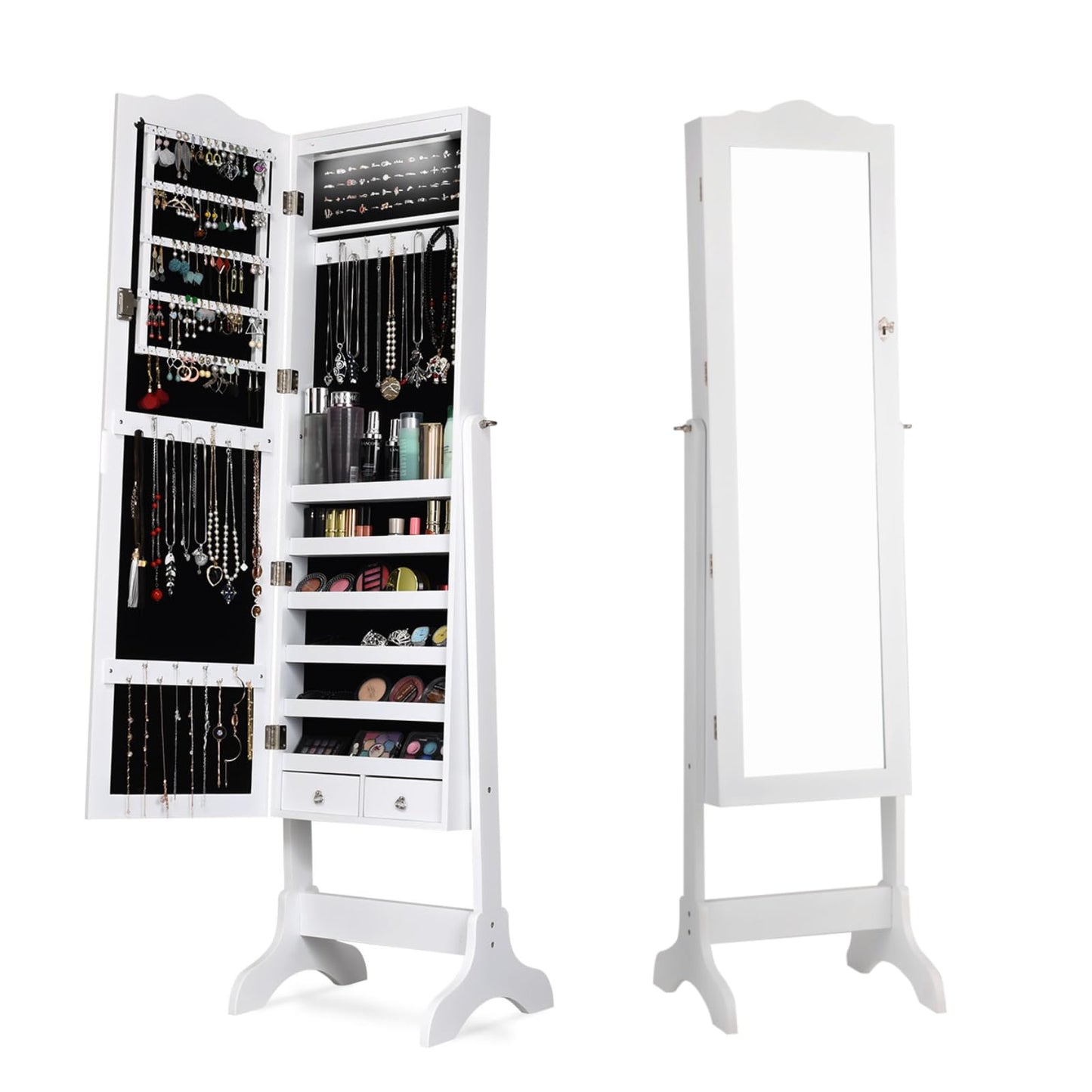 14 LED Lights Jewellery Cabinet, Freestanding Mirrored Mobile Cosmetic Armoire with 4 Adjustable Angles