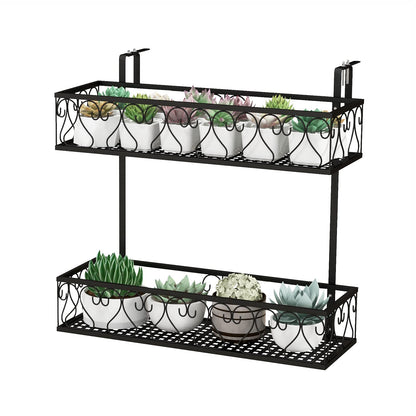 GiantexUK 2-Tier Hanging Flower Pot Holder, Iron Art Hanging Railing Planters with Adjustable Hooks