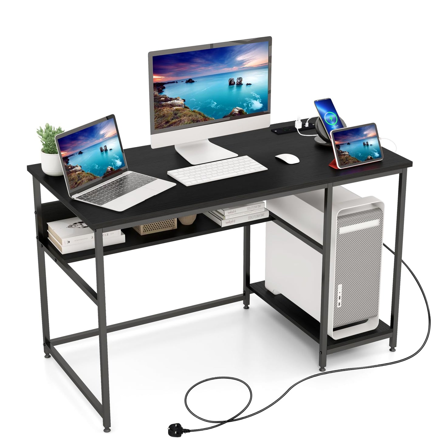 Computer Desk, 120CM Study Table Writing Workstation with Storage Shelf and CPU Stand