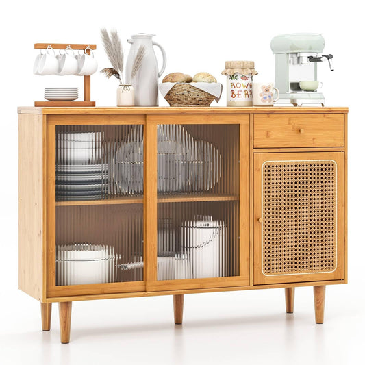 GiantexUK Buffet Storage Cabinet, Bamboo Kitchen Sideboard with 2 Tampered Glass Sliding Doors