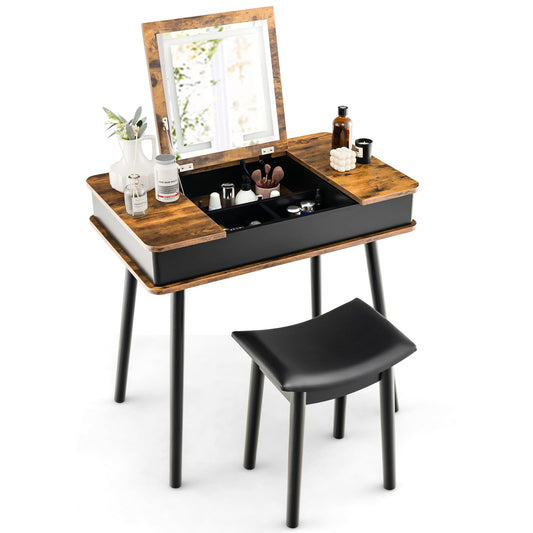 Dressing Table and Stool Set with Flip Top LED Lighted Mirror, USB Charging Station and 7 Hidden Compartments