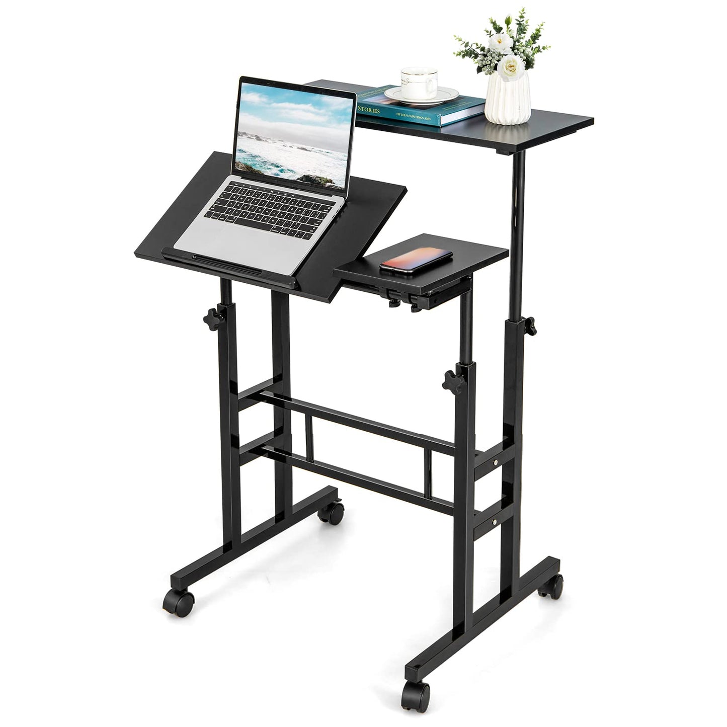 Height Adjustable Standing Desk, Mobile Laptop Table Computer Desk with Flip-over Desktop and Wheels