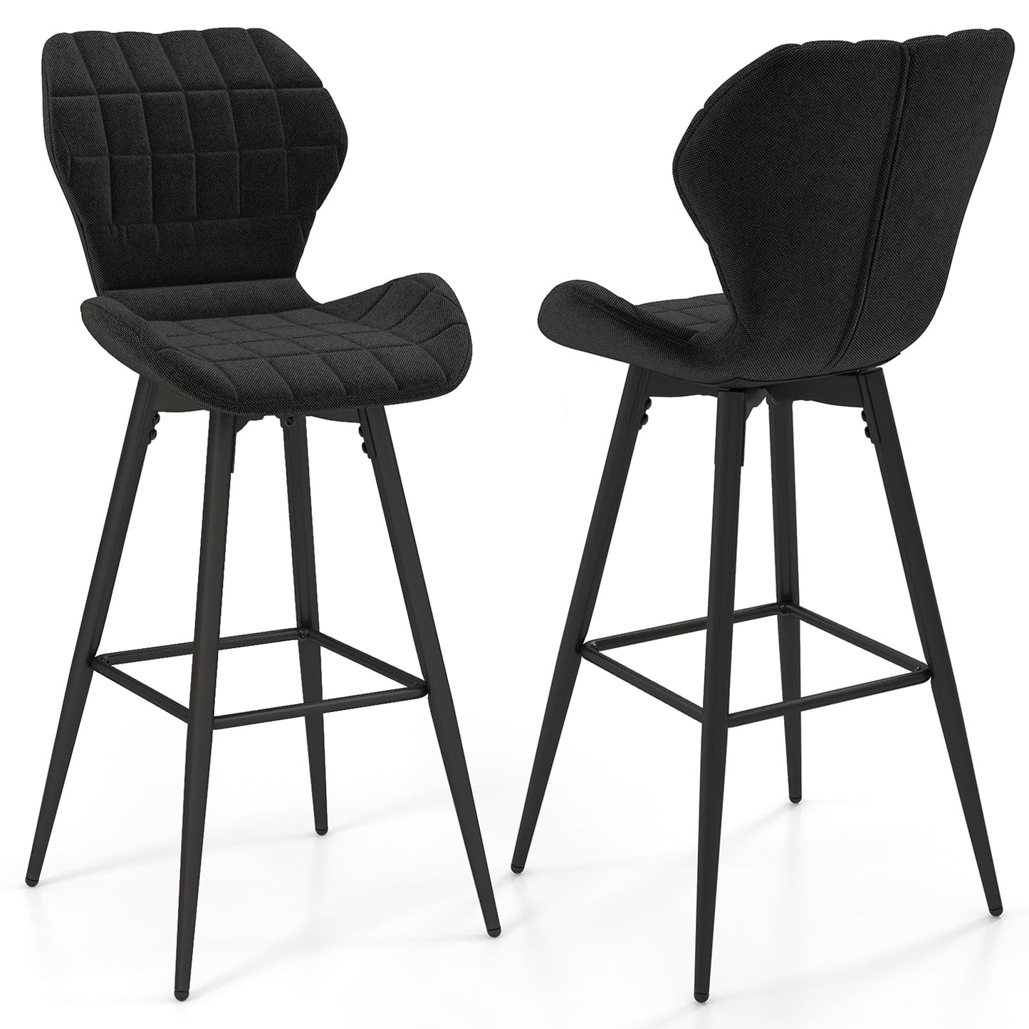 Bar Stools Set of 2, Upholstered Kitchen Stools with Curved Backrest & Seat