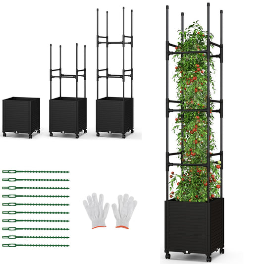 GiantexUK Raised Garden Bed with Trellis, Adjustable Rolling Planter Pox with Wheels, Self Watering System & Plant Ties