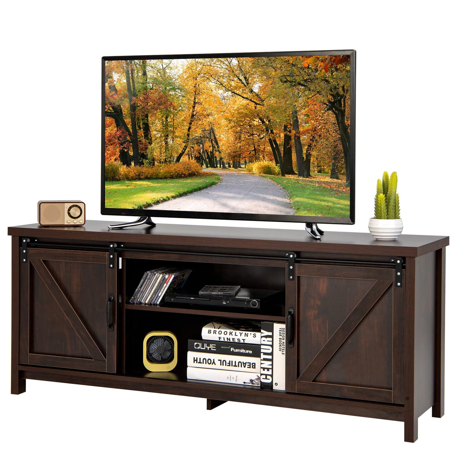 TV Stand for TVs up to 65 Inches, Wooden Farmhouse TV Cabinet Media Entertainment Center with Adjustable Shelves(Sliding Barn Doors, 150 x 40 x 60cm)