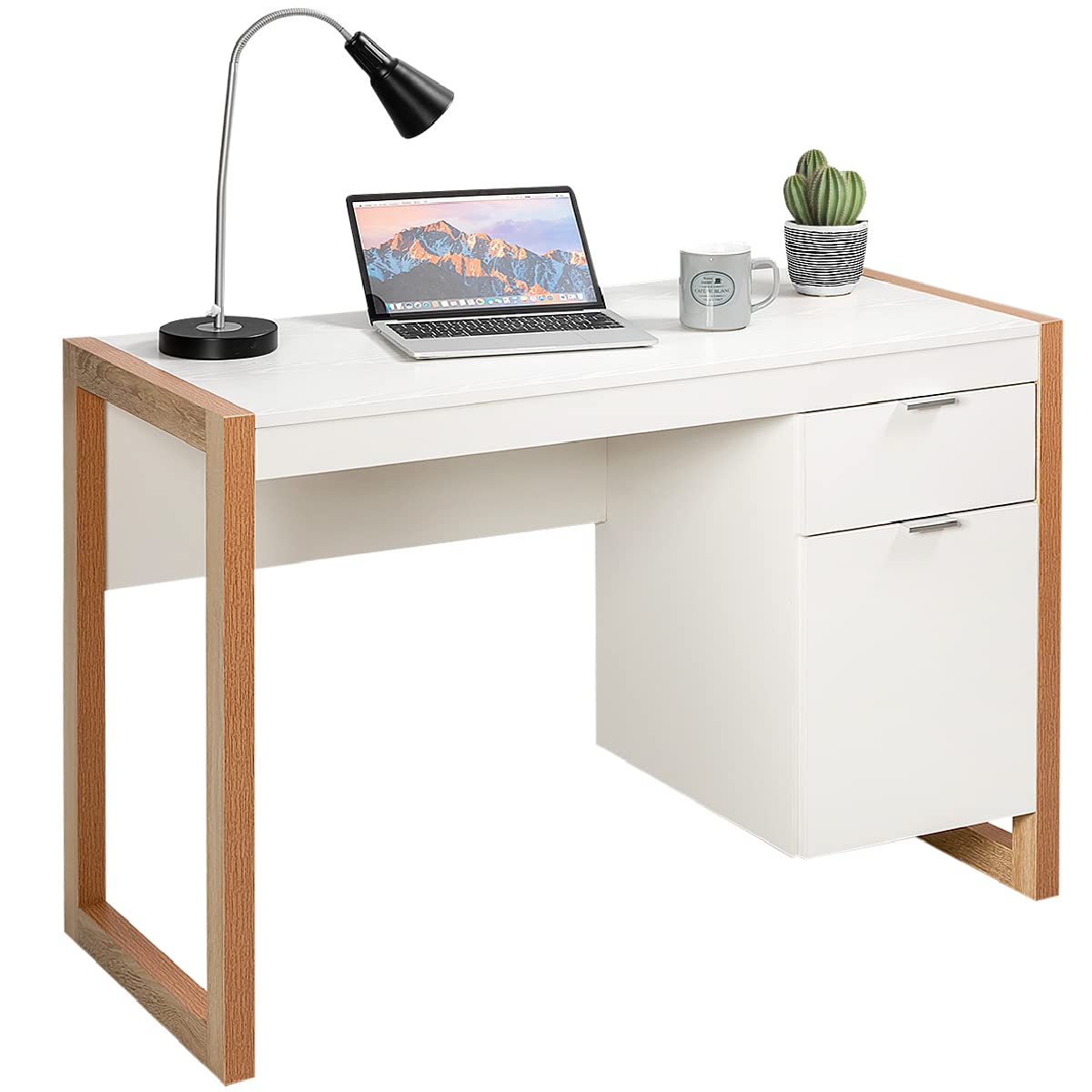 Computer Desk, Wooden Study Table Writing Workstation with Drawer and Cabine, 112x50x75cm, White+Natural