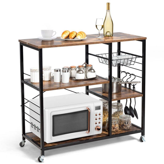 GiantexUK Kitchen Baker's Rack, Microwave Oven Stand with Mesh Baskets, Wheels & Hooks, Industrial Storage Shelves (on Wheels, with Hooks, 1 Basket)