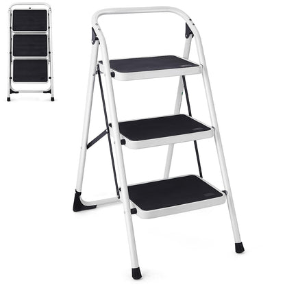 GiantexUK Folding 3 Step Ladder, Steel Stepladder with Anti-Slip Pedal & Reinforced Crossbar (3 Step, 47x68x98cm)