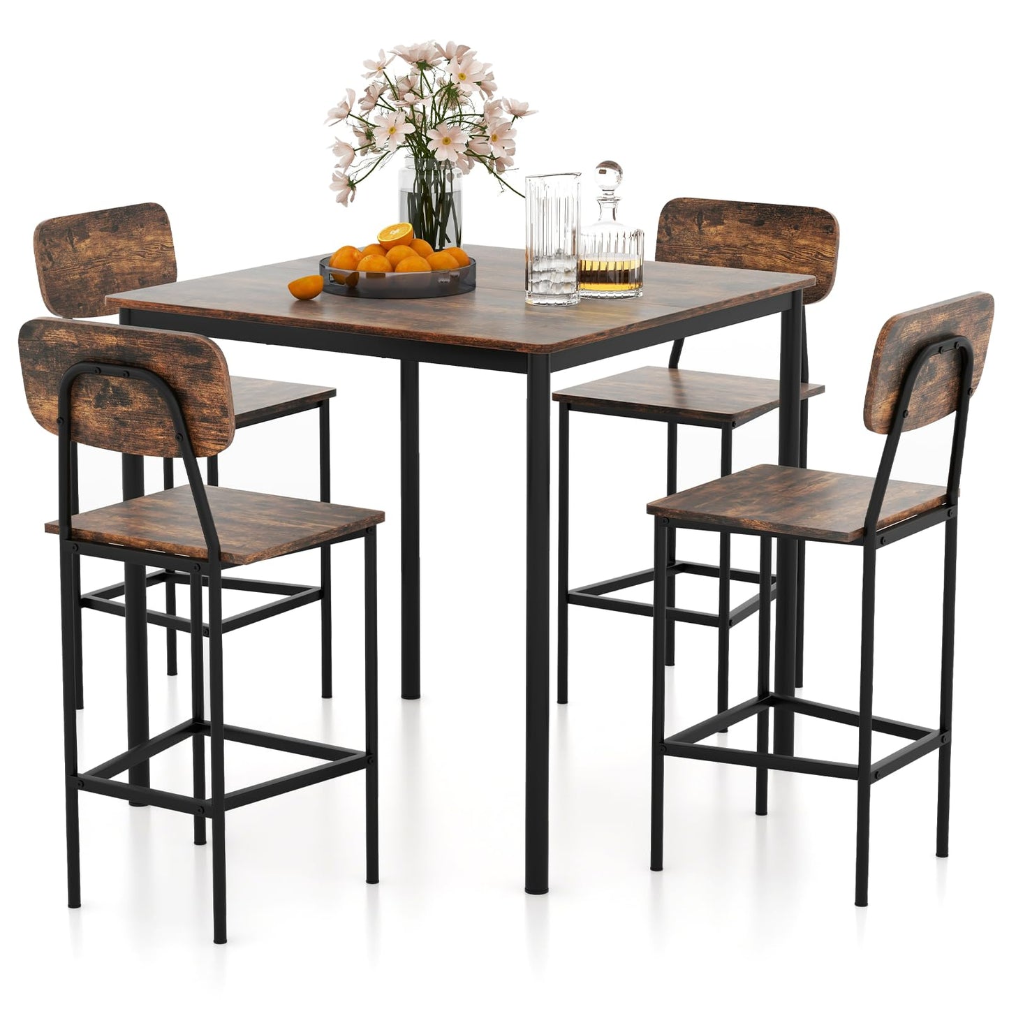 GiantexUK 5PCS Dining Table and Chairs Set, Metal Frame Counter Height Dining Set with Backrest, Footrest & Anti-slip Foot Pads