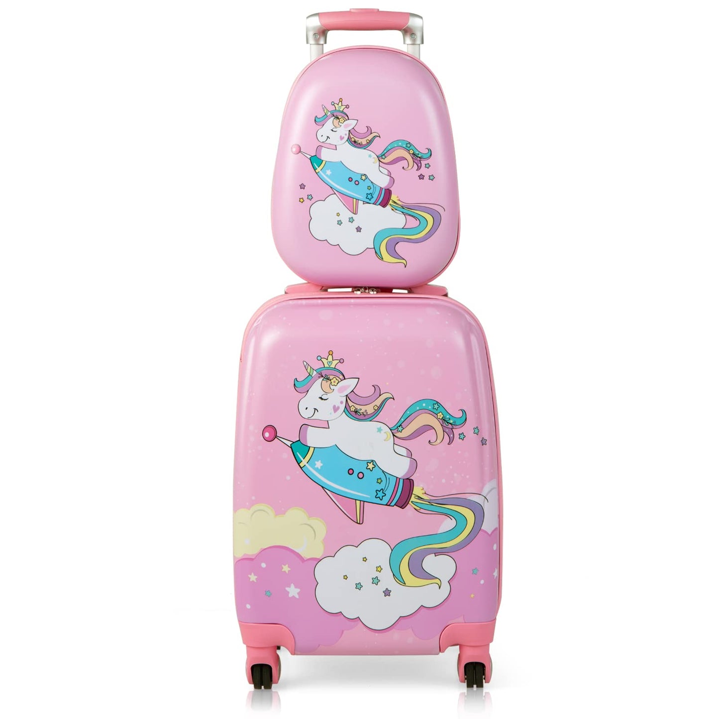 2 Pcs Kids Luggage Set, 12'' Backpack and 18'' Suitcase Children Boys Girls Travel School Trolley Case on Wheels (Unicorn, Pink)